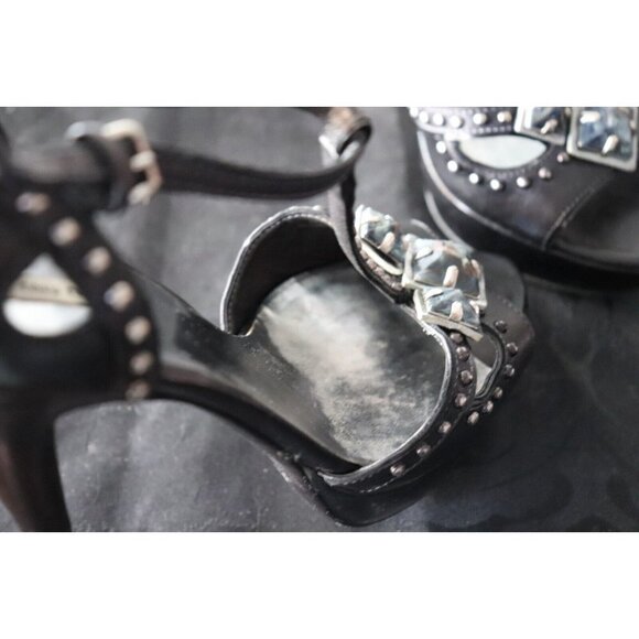 Miu Miu Women's Size 36.5 Black Sandals Studded Open Toe Leather Stiletto Heels - Picture 7 of 12